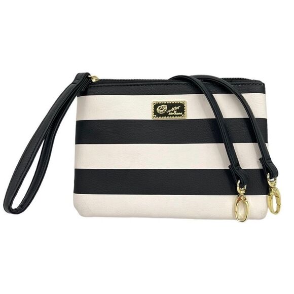 Betsey Johnson Signature Black & White Striped Luv Betsey Crossbody Wristlet - Picture 1 of 10